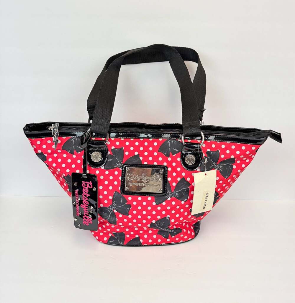 Betseyville by Betsey Johnson Red Polka Dot Bow Print Tote Handbag
